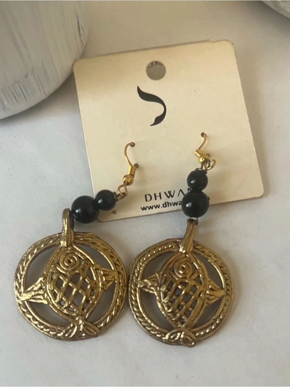 Vintage Gold Owl Drop Earrings with Black Bead Accents